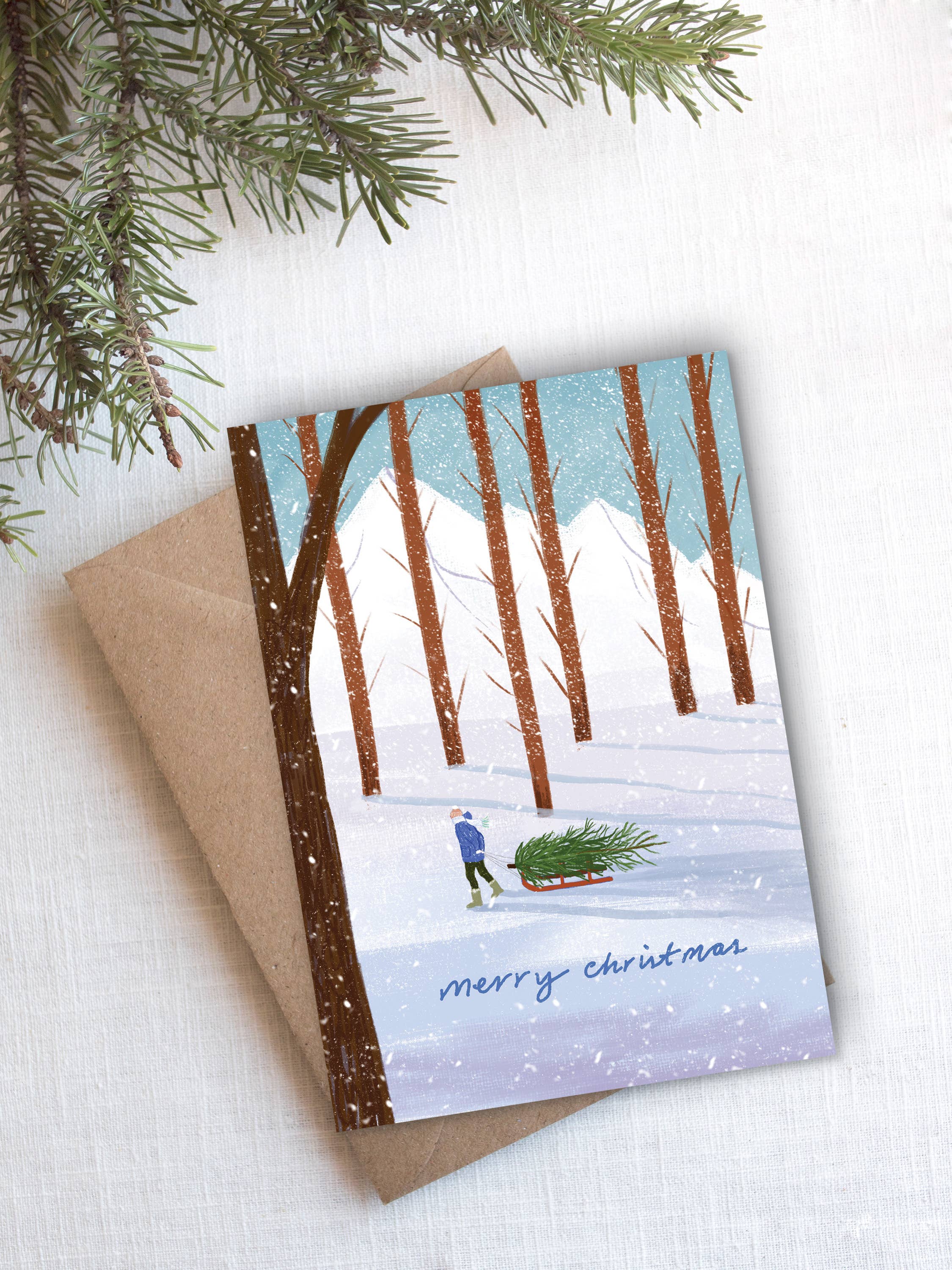 Charis Raine Illustration – wholesale Christmas card – Christmas Tree Sled Card1