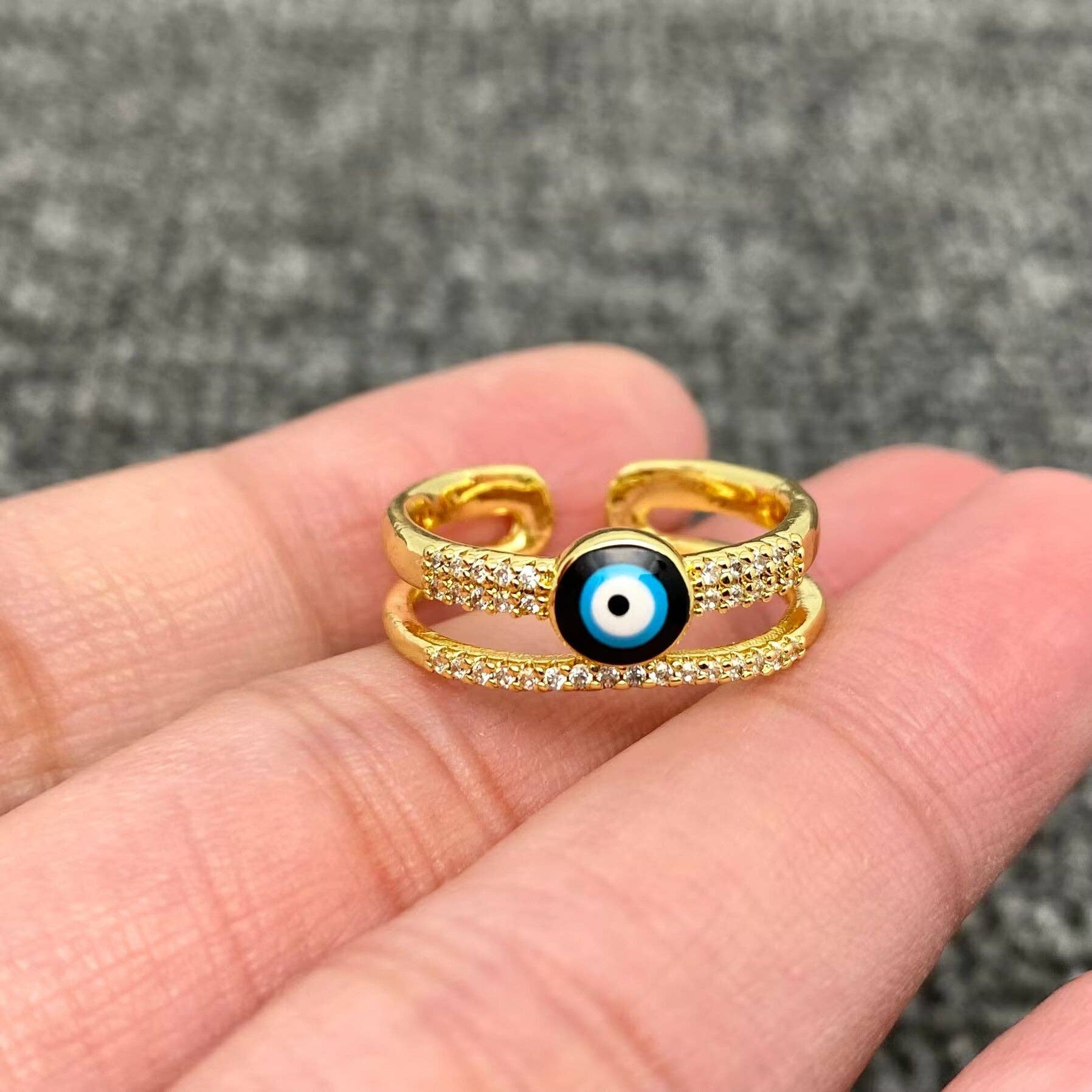 Mio Queena - Wholesale Cocktail/Statement Ring - Enamel Rhinestone Turkey Eye Evil Eye Golden Adjustable Rings4