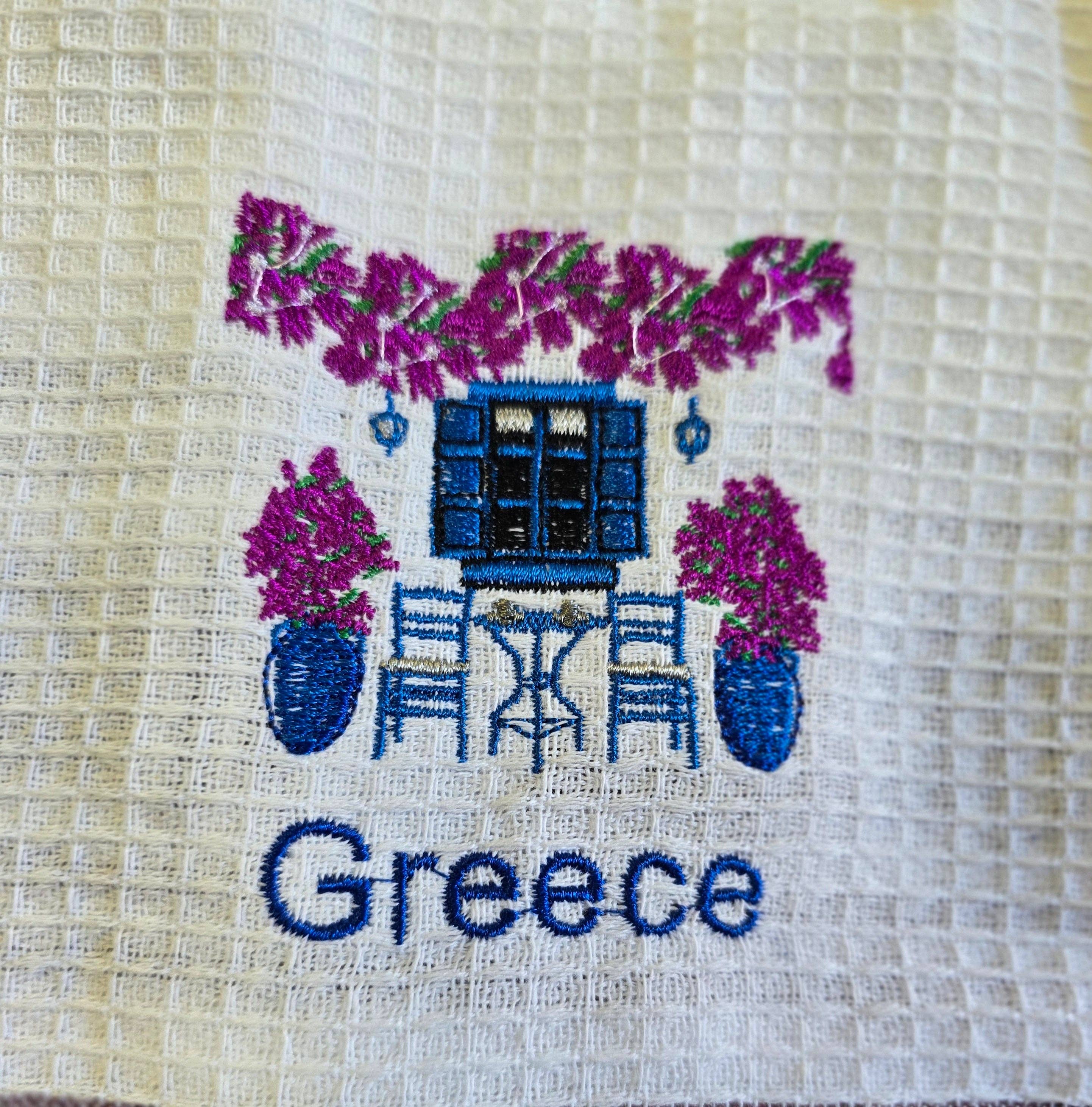 2 Greeks Inc – Engroshandel Viskestykke – Charmerende græske køkkenhåndklæder - 100% bomuld med broderede motiver og forskellige græske nøglekanter1