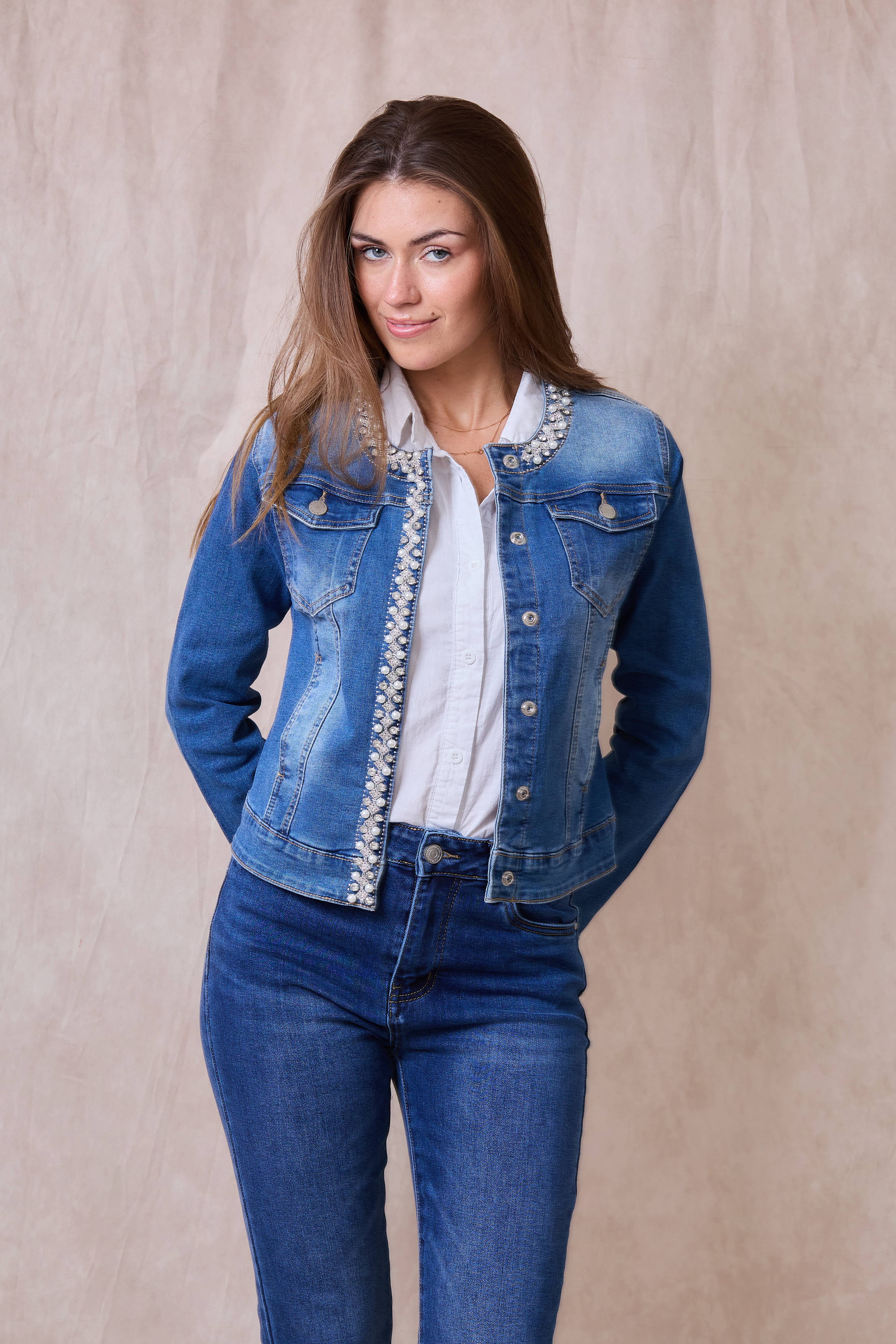 Jeans Denim jacket (Pearl and Rhinestone) - ANA & LUCY for wholesale on Faire