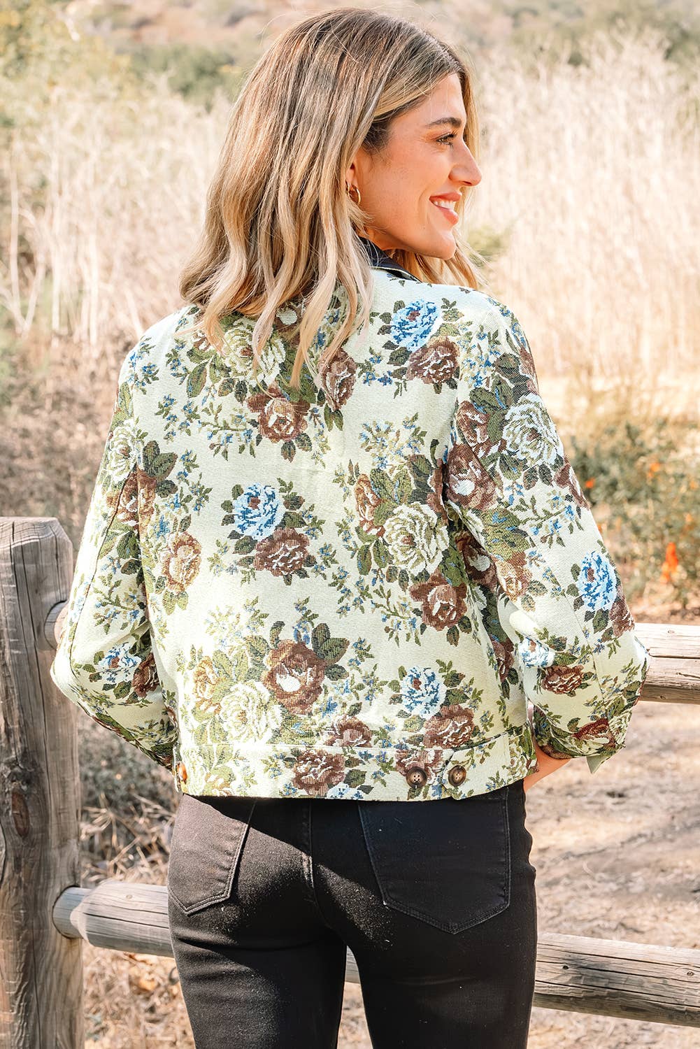 Khaki Floral Zip-Up Contrast Collared Jacket for wholesale on Faire1