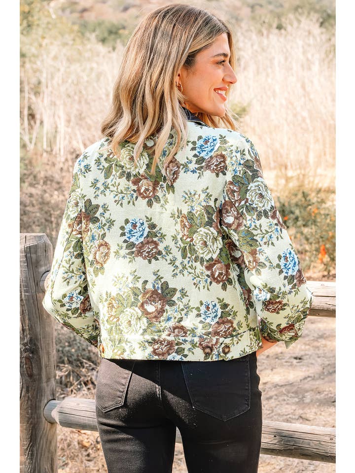 Khaki Floral Zip-Up Contrast Collared Jacket for wholesale on Faire1