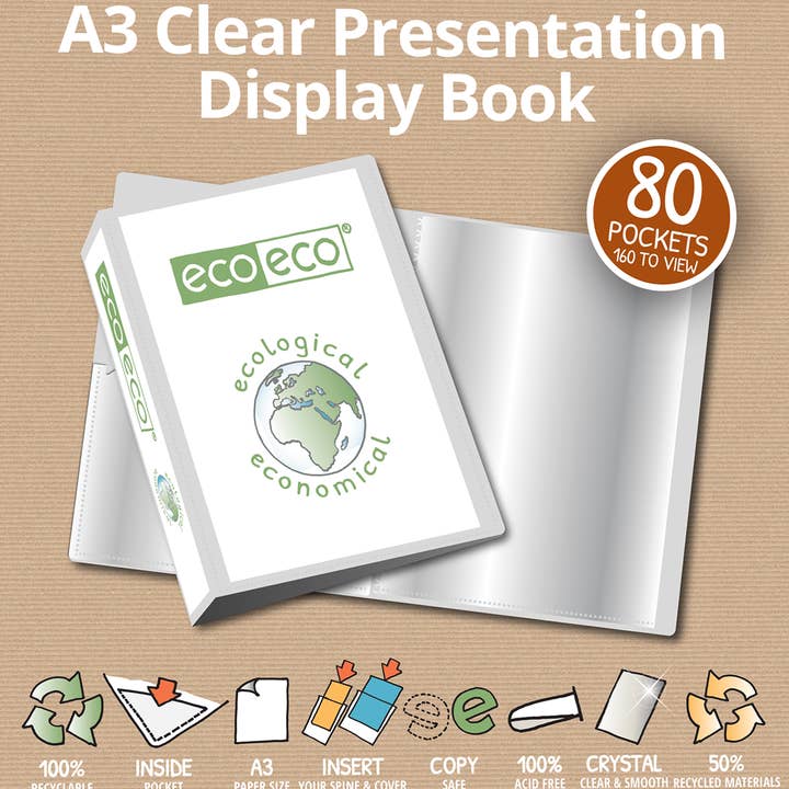 A3 50% Gerecycled Transparant 80-vaks Presentatie Displaymap voor wholesale door eco-eco Stationery Ltd