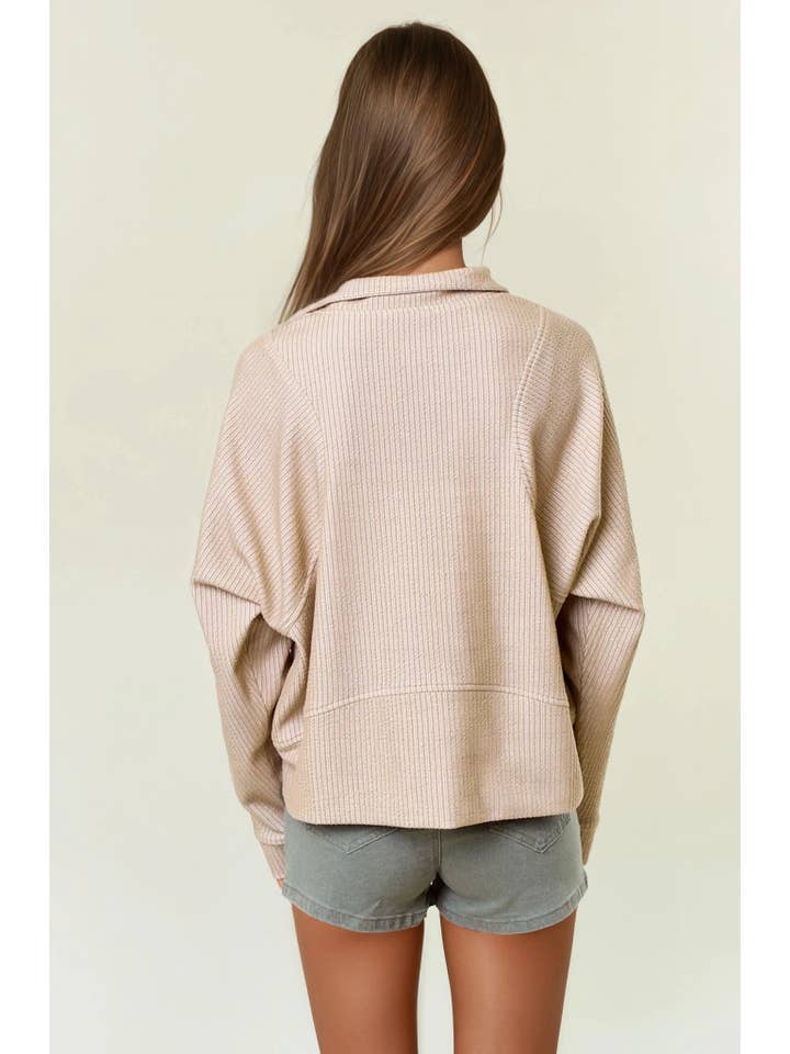 Doe and Rae - Wholesale Sweatshirt - Women's - Stripe Textured Half Zip-Up Long Sleeve Sweatshirt -43836T-13