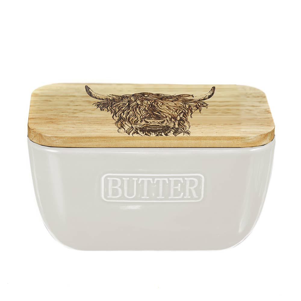 Selbrae House Ltd - Wholesale Butter Dish - Highland Cow Oak and Ceramic Butter Dish - White1