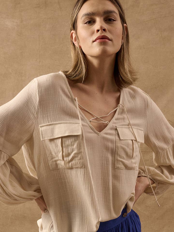 Solid Crepe Lace-Up Pocket Peasant Top for wholesale by Promesa USA
