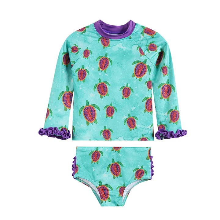 Lil Cactus - Wholesale Rashguard Set - Kids - Special Purchase -Turquoise Turtle Ruffle Rashguard 2 pc Set