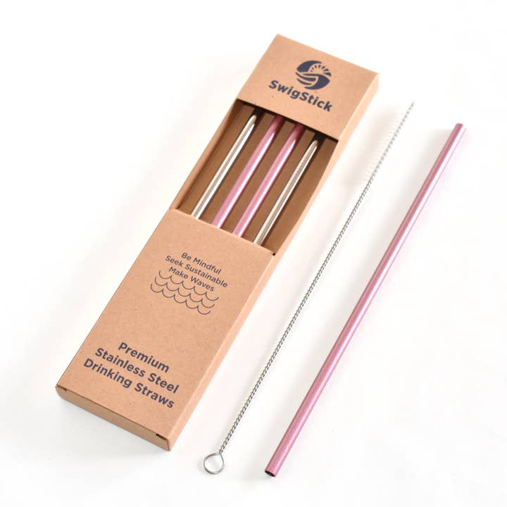 Shell Pink and Silver Stainless Steel Straws - Silver Lining for wholesale by Blu Kabu