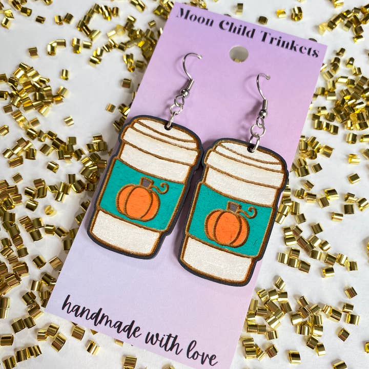 Pumpkin Spice Coffee Hand-Painted Wood Earrings for wholesale by Moon Child Trinkets