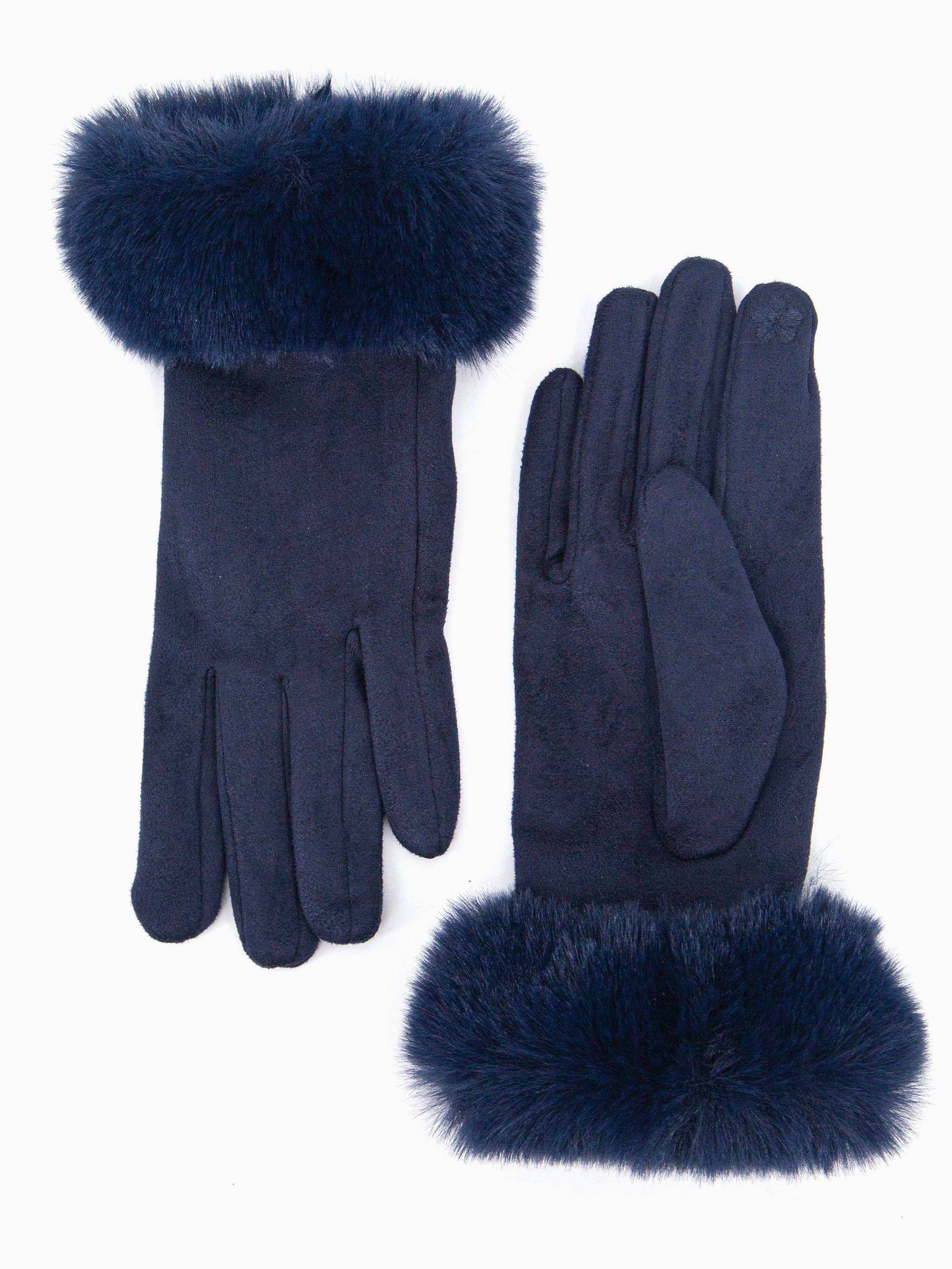 Sarta Accessories - Wholesale Gloves - Women's - Zara Faux Fur Cuff Gloves - Navy Blue, Velvet