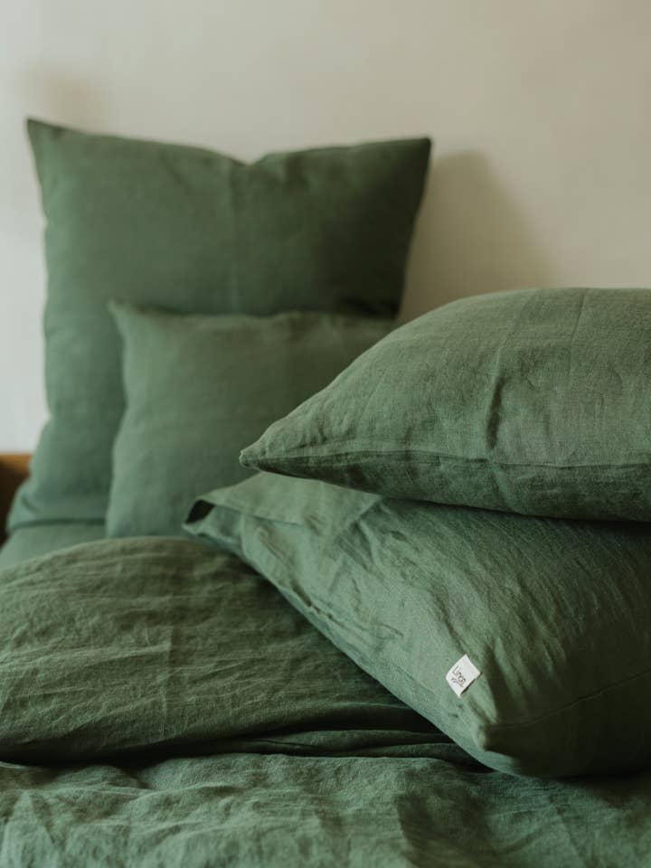 Forest Green Washed Linen Pillowcase for wholesale by Linen Spells