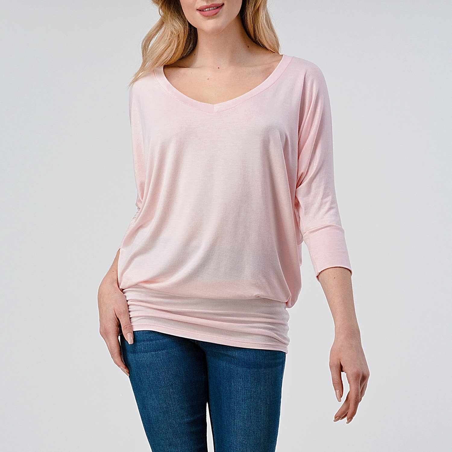 Heimious - Wholesale Knit Top - Women's - 3/4 Dolman Sleeve V-neck Modal Jersey Top, 2573100