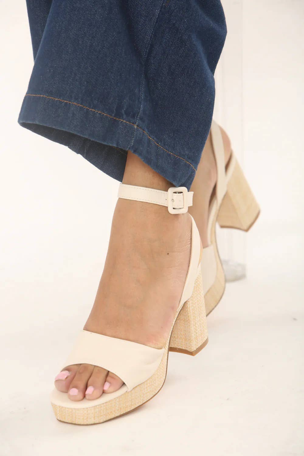 CREAM LOW PLATFORM RAFFIA BLOCK HEELS for wholesale on Faire6