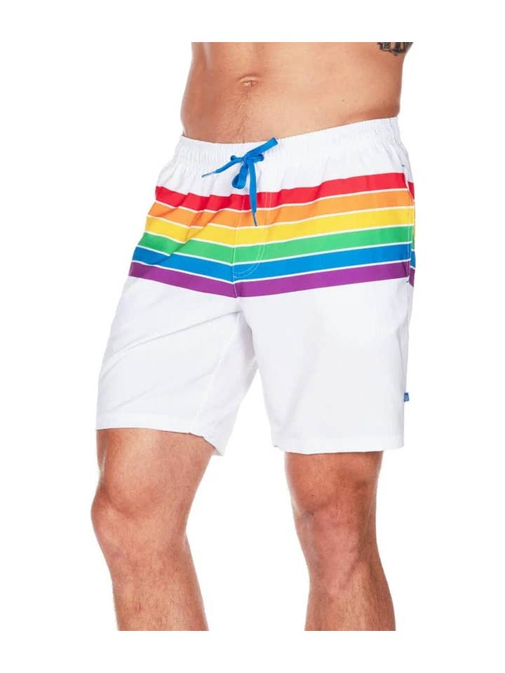 Tipsy Elves - Wholesale Swim Shorts - Men's - White Rainbow Stretch Swim Trunks - Men's Pride Bathing Suit