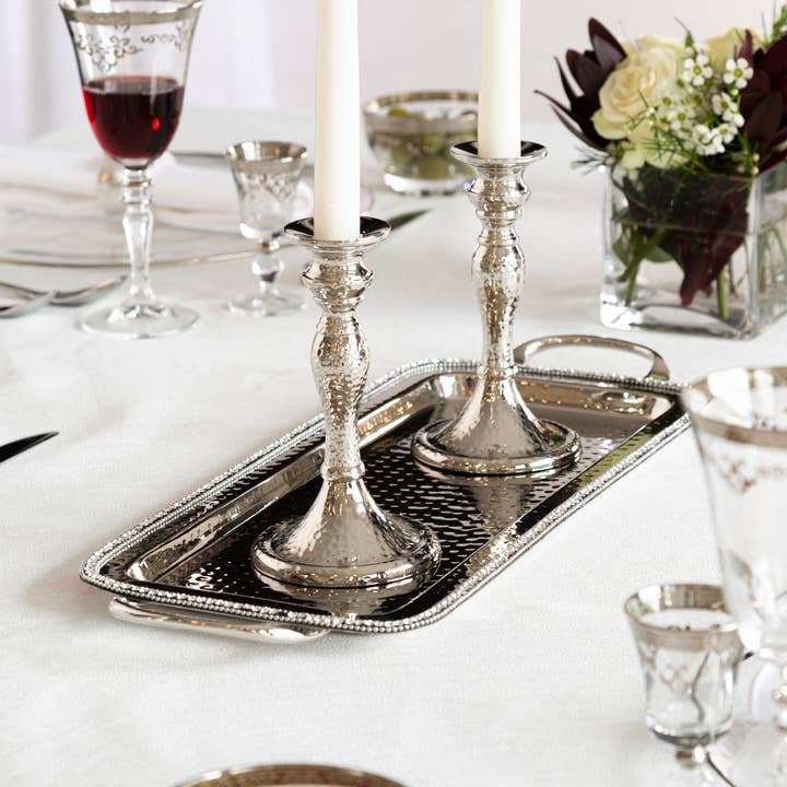 CLASSIC TOUCH DECOR INC. - Wholesale Serving Tray - Hammered Stainless Steel Tray w Diamonds- 20"L x7.5"W2