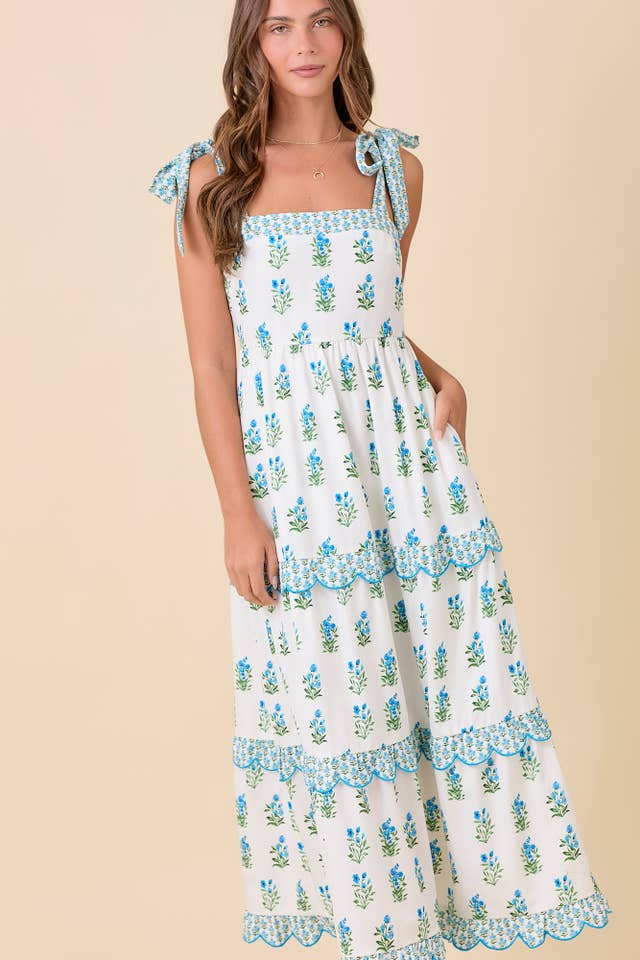 WHITE BLUE Shoulder Strap Tie Summer Midi Dress With Floral for wholesale on Faire