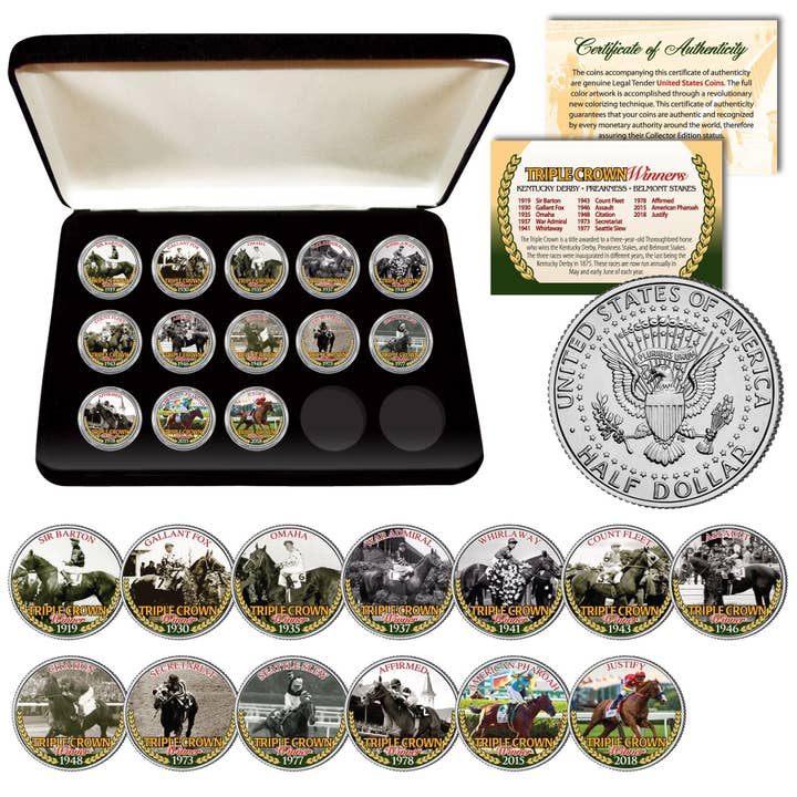 Triple Crown Winners Horse Racing Kennedy Half Dollar 13-Coin Full Set W/Box & Certificate - Fast, Free Ship To U.S. for wholesale by The Merrick Mint
