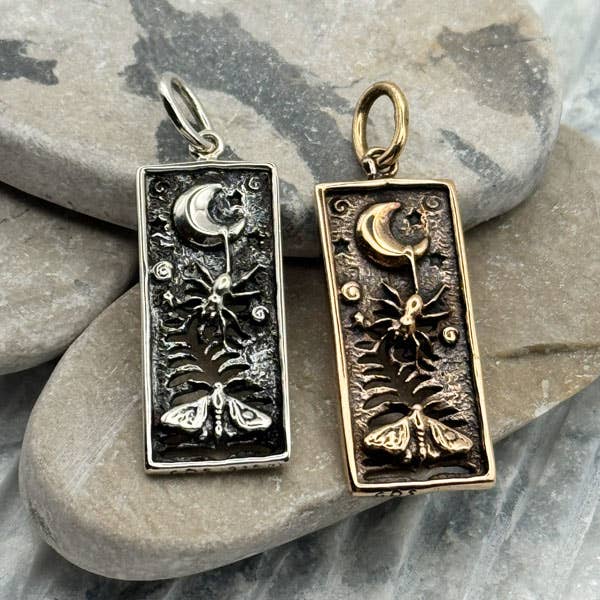 Fern Moon Memento Mori Pendant, in Sterling Silver OR Bronze for wholesale by Goddess Design Studio