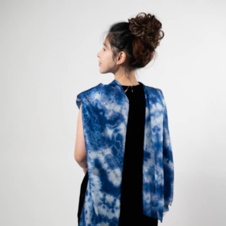 Indigo Blue Shibori Silk Scarf – Hand-Dyed 100% Mulberry Silk Wrap-Luxury Tie-Dye Shawl for Women for wholesale by Silk and Bears