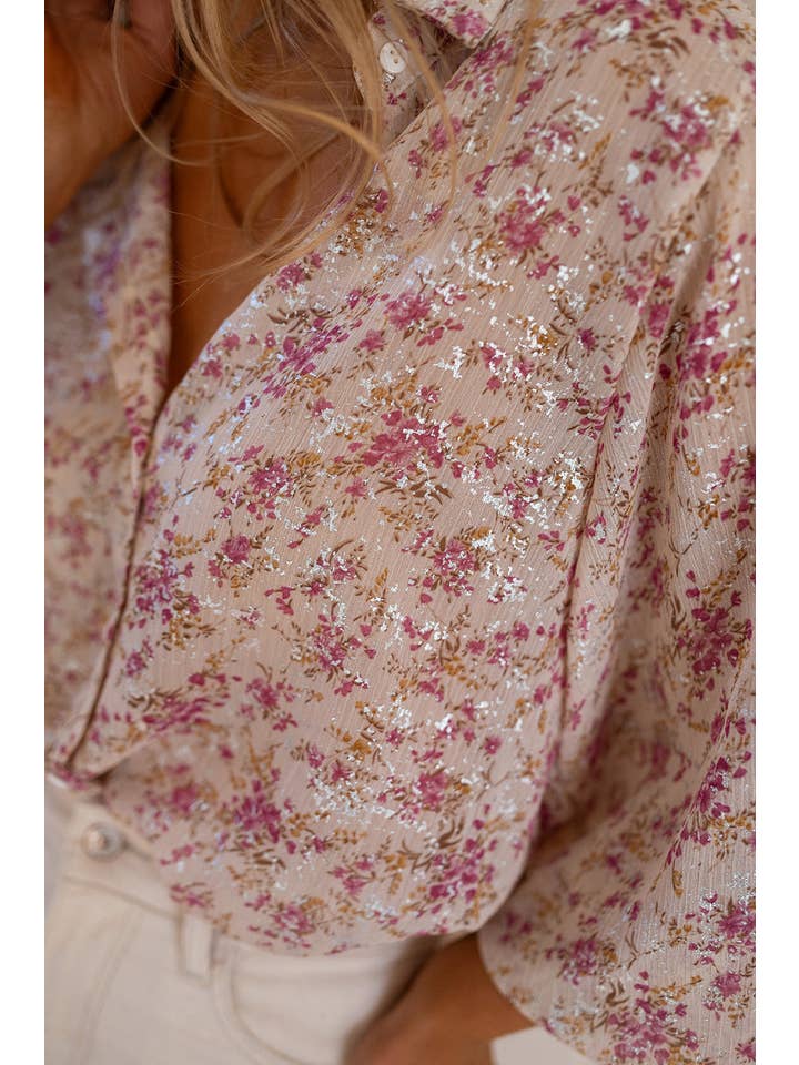 Pink Bishop Sleeve Collared V Neck Shirt for wholesale on Faire9