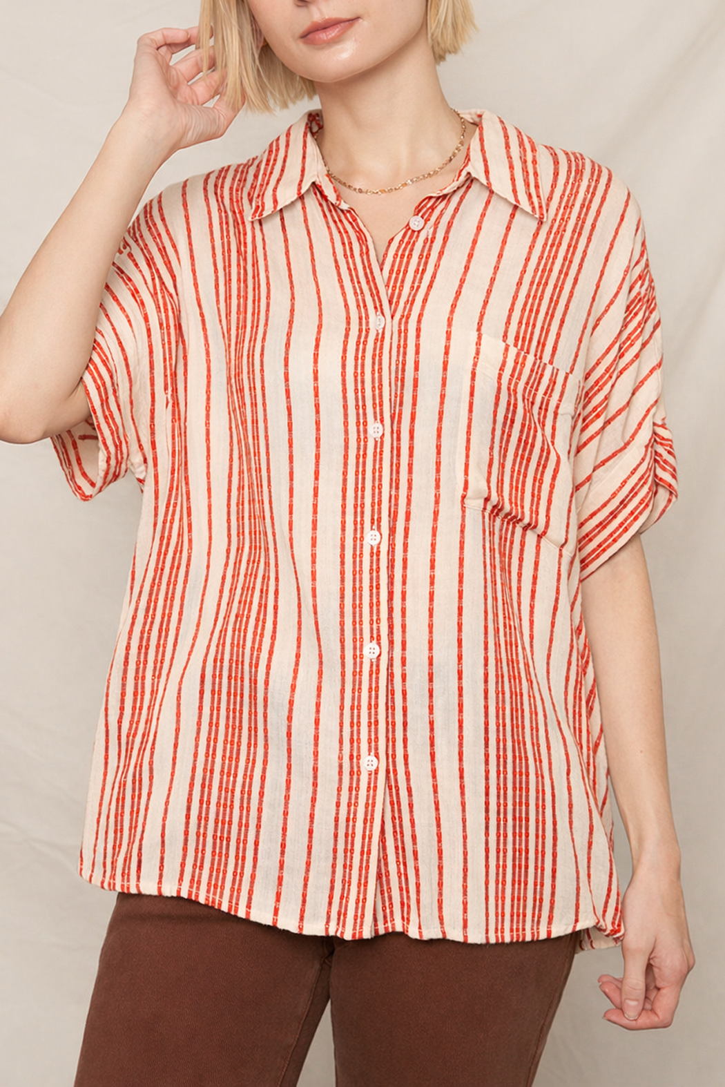 En Crème - Wholesale Button Down Shirt - Women's - Short Sleeve Striped Button Down Top3