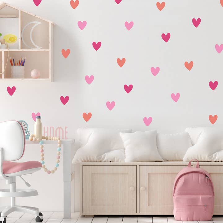 100 autocollants muraux en forme de cœur rose, autocollants muraux pour chambre d'enfant, décalcomanies murales à peler et coller, décoration de chambre d'enfant, art mural pour salle de jeux, idée de décoration de chambre de fille pour la vente par Decals Online