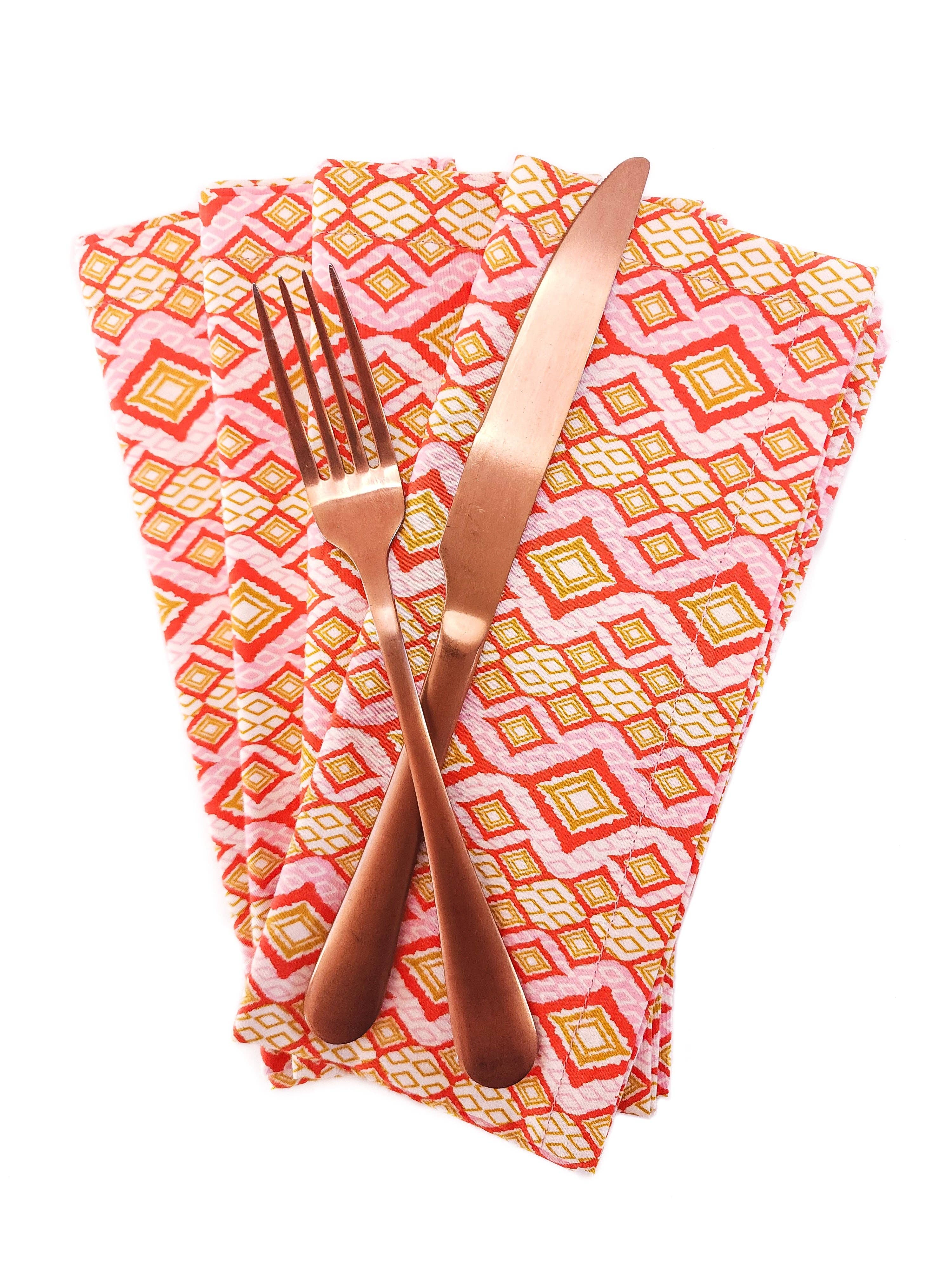90 West Linen Co. - Wholesale Dinner & Cloth Napkin - Pink & Orange Geometric Cloth Napkins, Set of 49