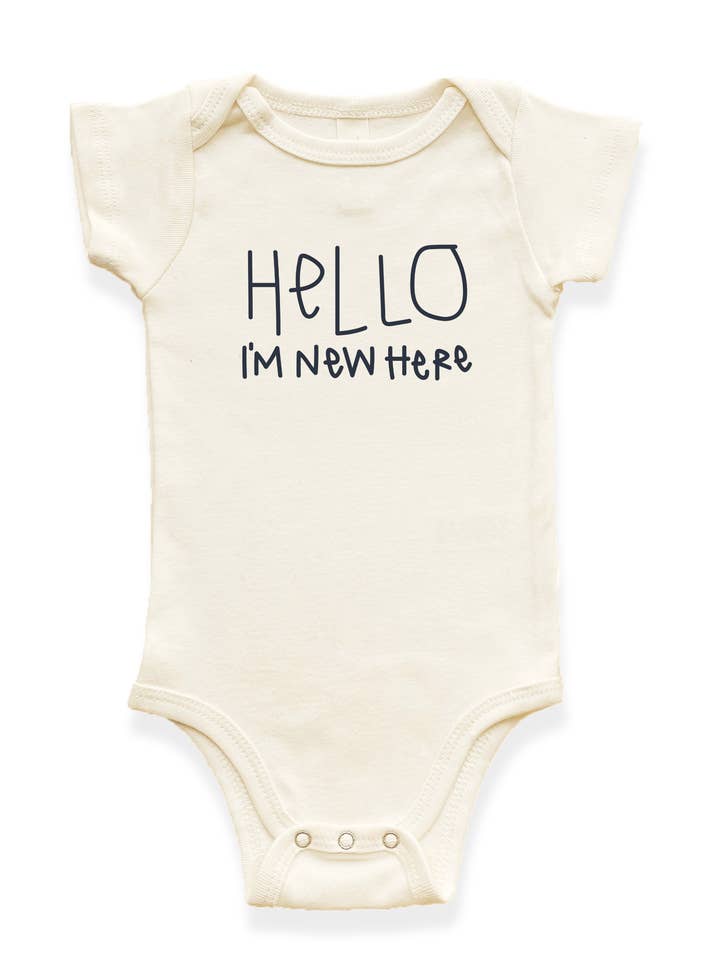 Hello I'm New Here Organic Baby Bodysuit for wholesale by Tenth & Pine