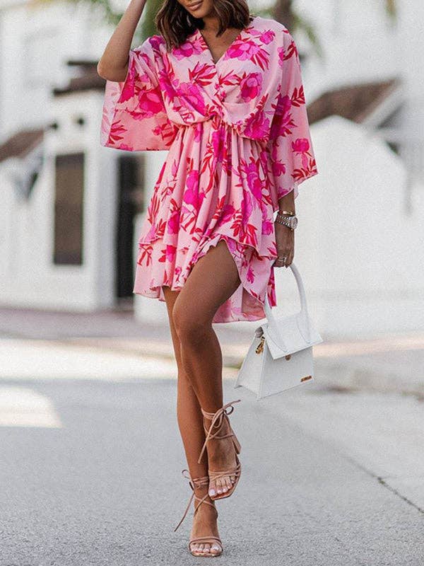 RED A-Line High Waisted Double Layered Elasticity Flower Print V-Neck Mini Dresses for wholesale on Faire1