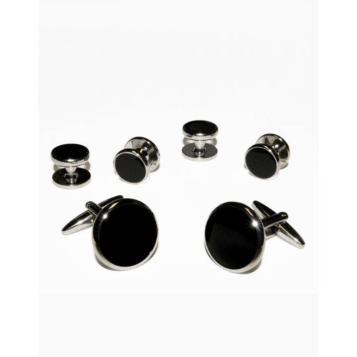 Black Circular Onyx with Gold Trim Studs and Cufflinks Set Black Circular Onyx with Gold Trim Studs and Cufflinks Set