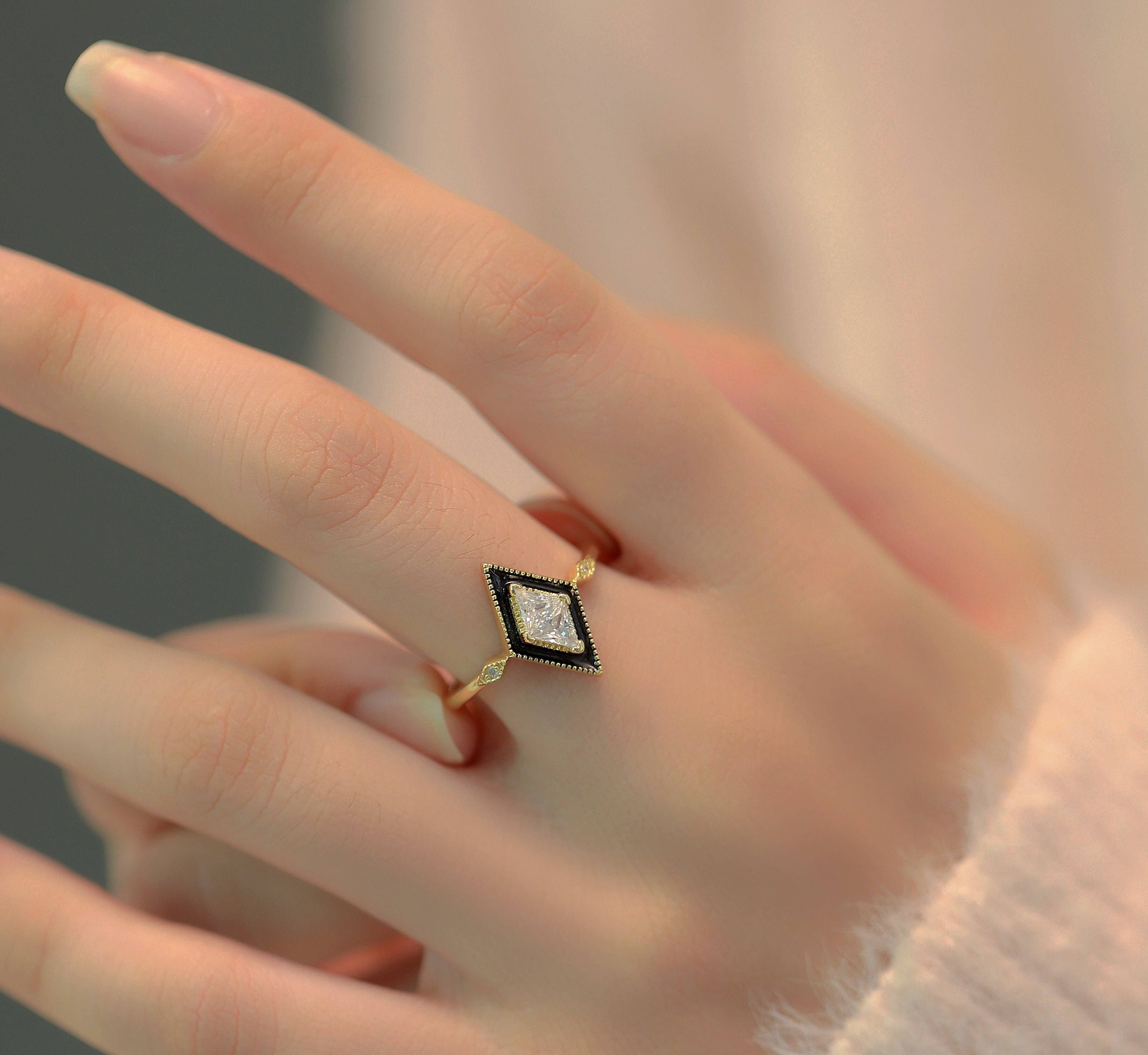 happyzzzsu - Wholesale Multi-Stone Ring - Sterling Silver Gold Plated Black Rhombus Ring6