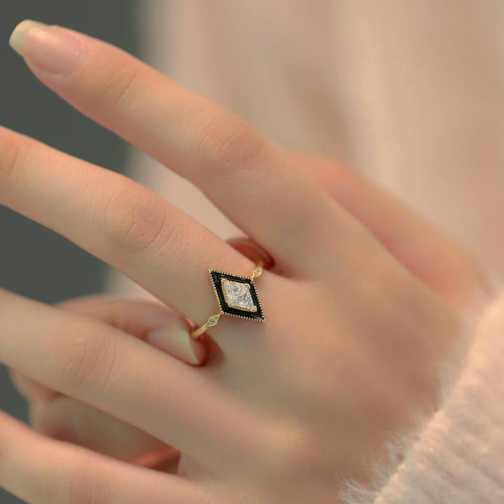 happyzzzsu - Wholesale Multi-Stone Ring - Sterling Silver Gold Plated Black Rhombus Ring6
