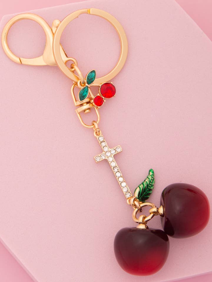 Red Acrylic Cherry Rhinestone Pavé Cross Charm Keychain for wholesale by SP Sophia Collection