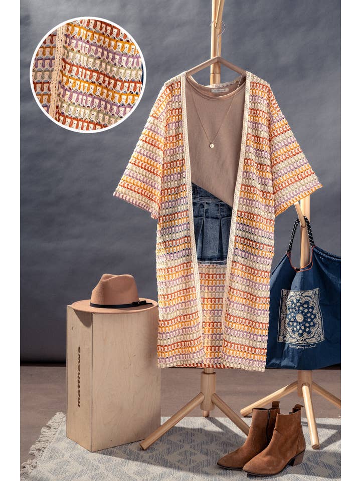 Urban Daizy - Wholesale Cardigan - Women's - Geometric Crochet Kimono Sleeve Midi Cardigan