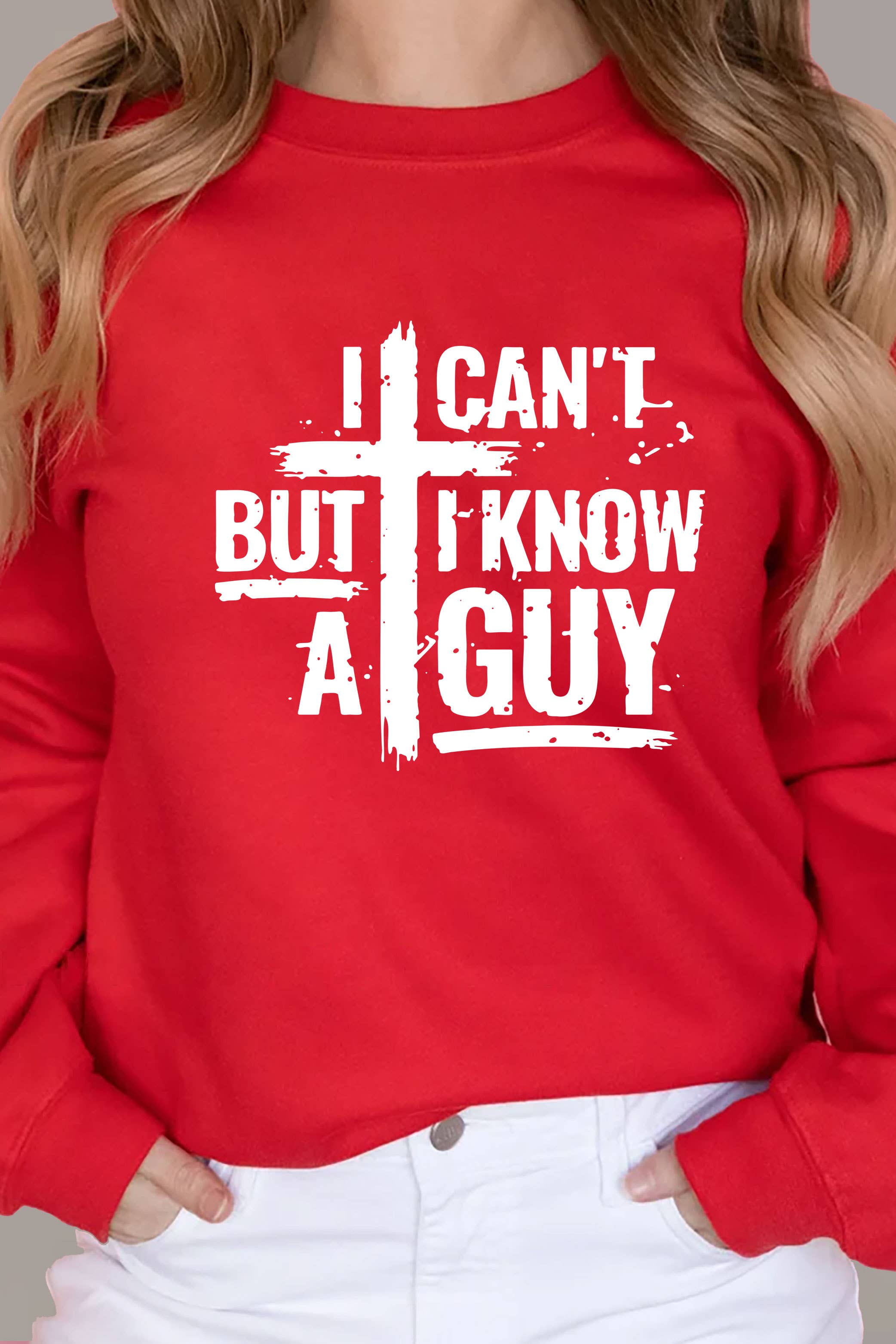 Top Avenue - Wholesale Graphic Sweatshirt - Women's - I Cant But I Know A Guy Distressed Cross, Unisex Crewneck Sweatshirt16