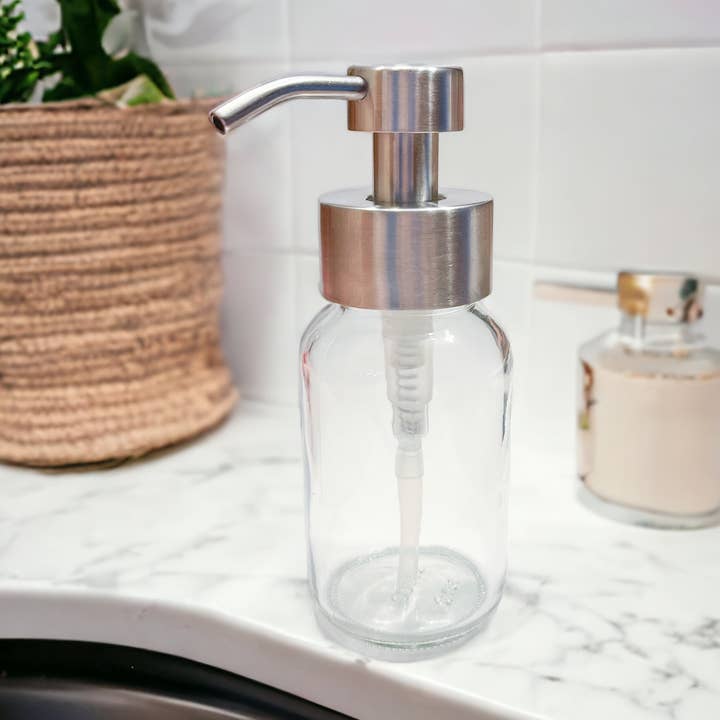 Clear glass lotion or foaming soap dispensers (unfilled) for wholesale by Farmer's Body