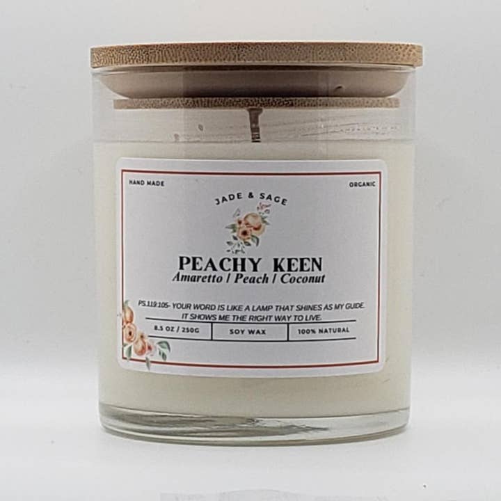PEACHY KEEN SOY 8.5 OZ. CANDLE for wholesale by Jade & Sage LLC