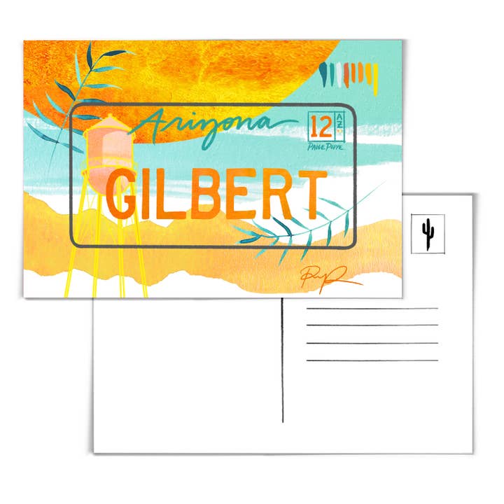 "Gilbert" Arizona License Plate Postcard for wholesale by Paige Poppe Art