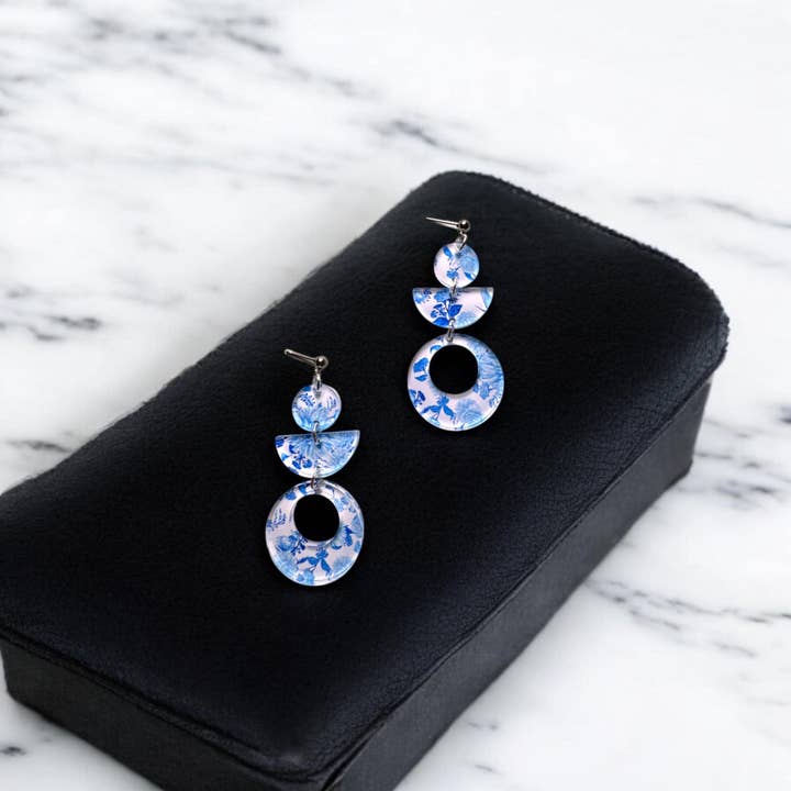 Fish Towne Designs, LLC - Wholesale Dangle Earrings - Santorini-Inspired Blue Floral Acrylic Statement Earrings4