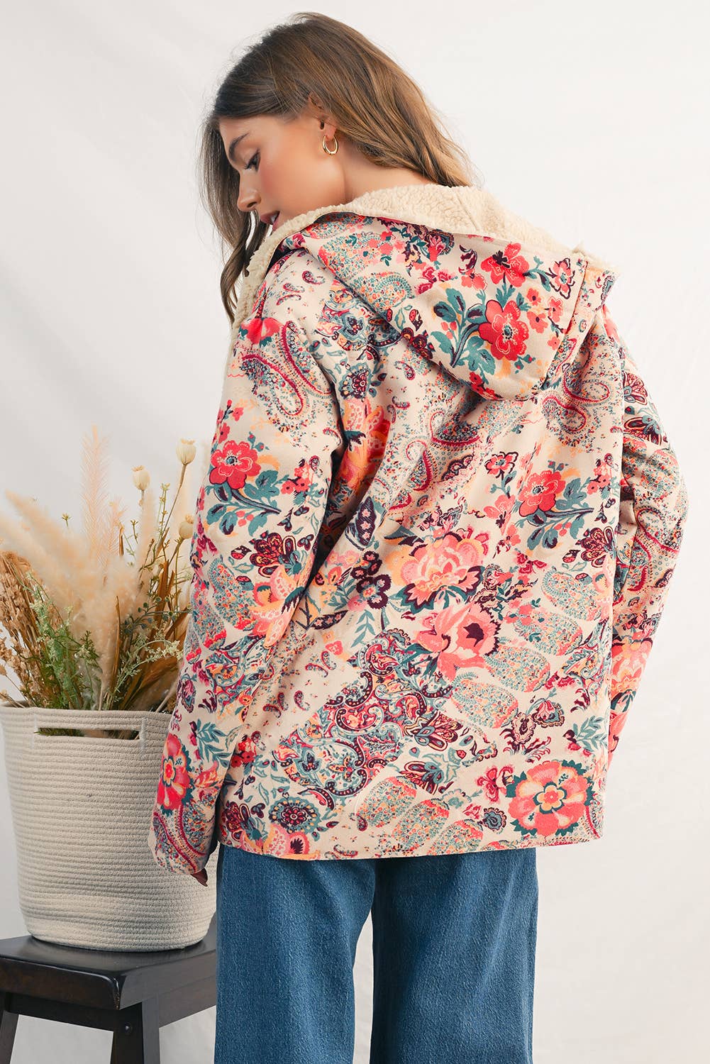 As shown Paisley Floral Print Sherpa Lined Hooded Jacket | S-XL for wholesale on Faire4