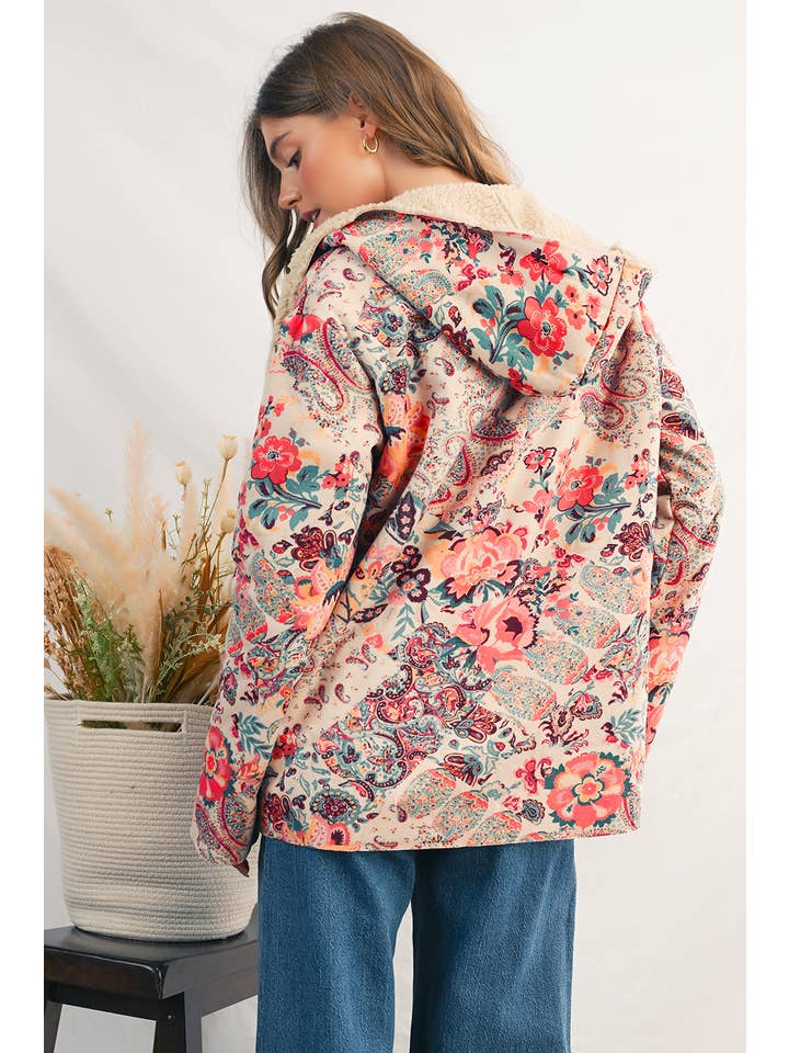As shown Paisley Floral Print Sherpa Lined Hooded Jacket | S-XL for wholesale on Faire4