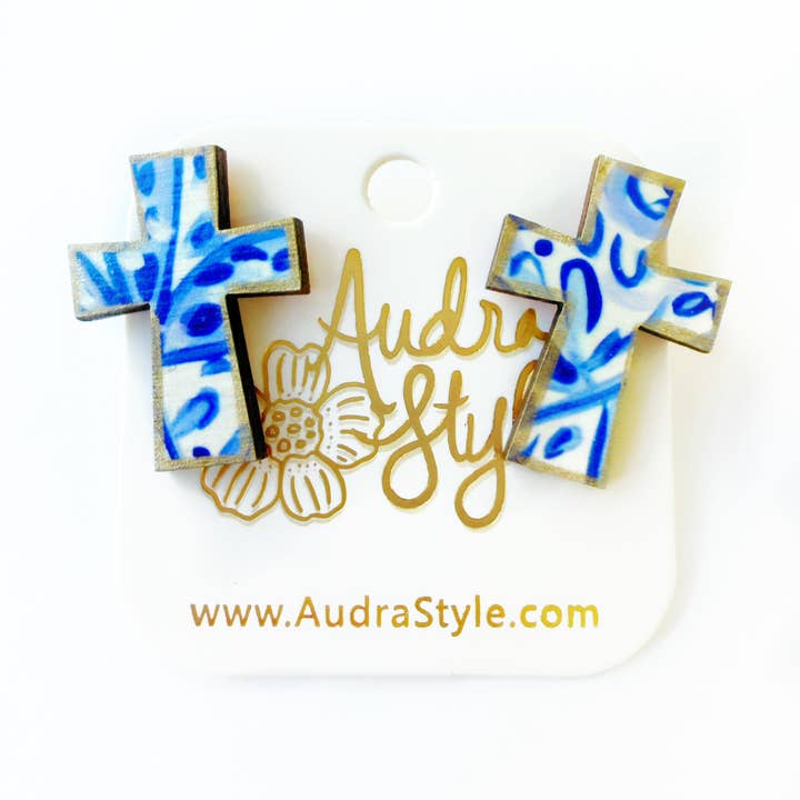 Croce Blu e Bianca - Orecchino Colorato Primavera Estate, Pasqua per la vendita all'ingrosso da parte di Audra Style