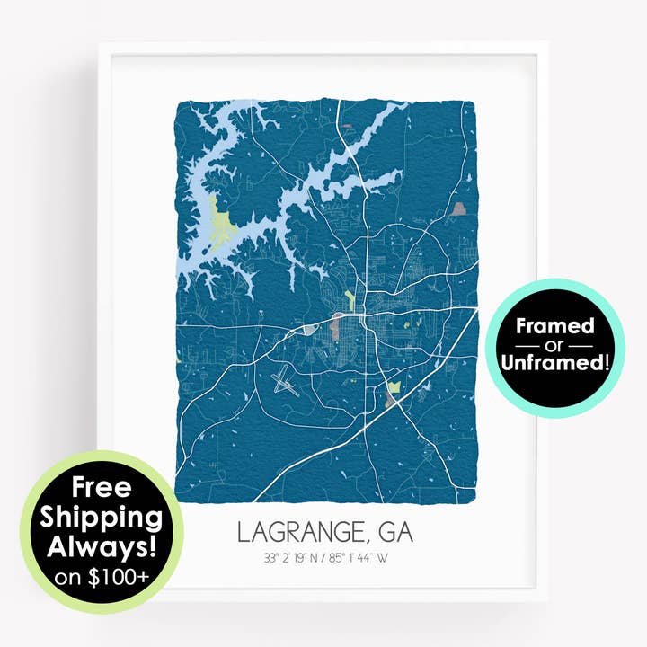 Lagrange Georgia map print, watercolor city map poster for wholesale by Sparks House Co.