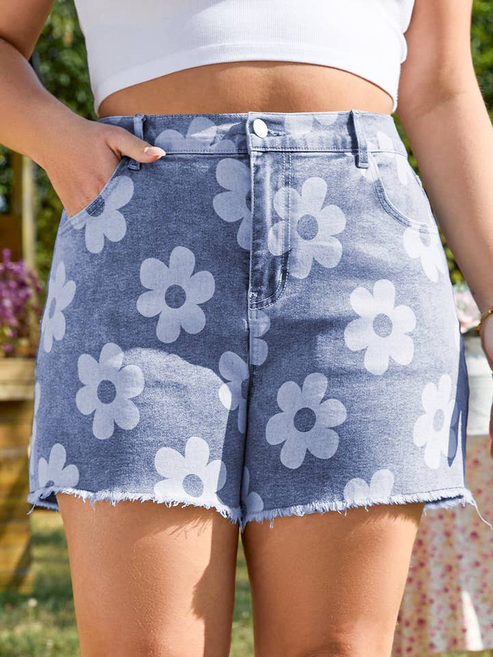 Shiloh Plus Size Floral Pattern Denim Shorts for wholesale by Threaded Pear