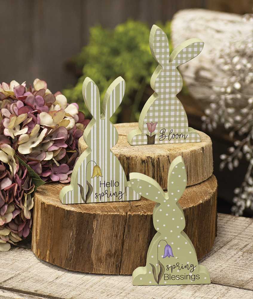The Hearthside Collection - Venta al por mayor Artículo decorativo de mesa - Conejos robustos de madera hello spring, surtido de 31