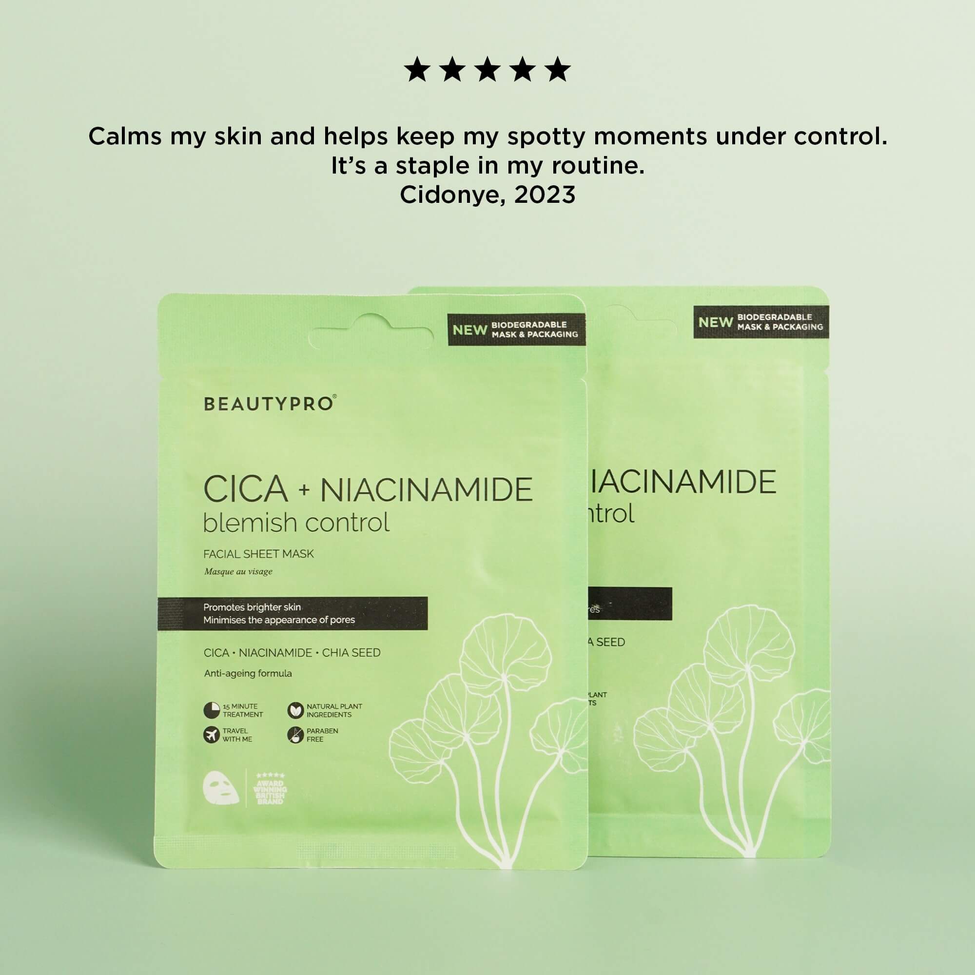 BEAUTYPRO – wholesale Skincare face mask – CICA + NIACINAMIDE Facial Sheet Mask - 100% Biodegradable7