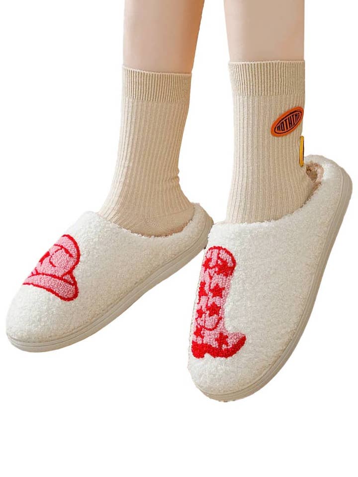 ASSORTED Yee-haw Cowgirl Hat Boots Terry Fuzzy Slippers for wholesale on Faire1
