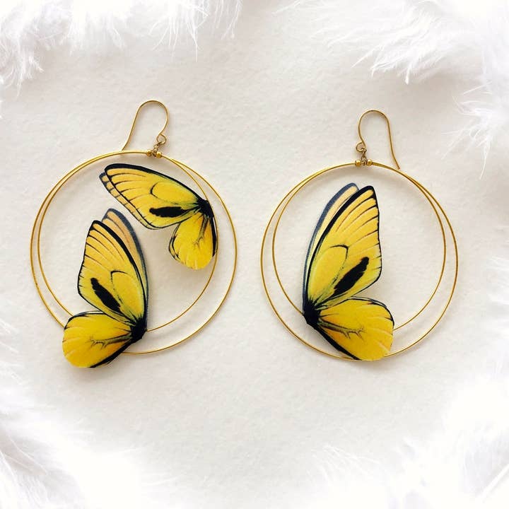 Asymmetrical Hoop Earrings with Aspen Gold Butterflies for wholesale by OhMyButterfly