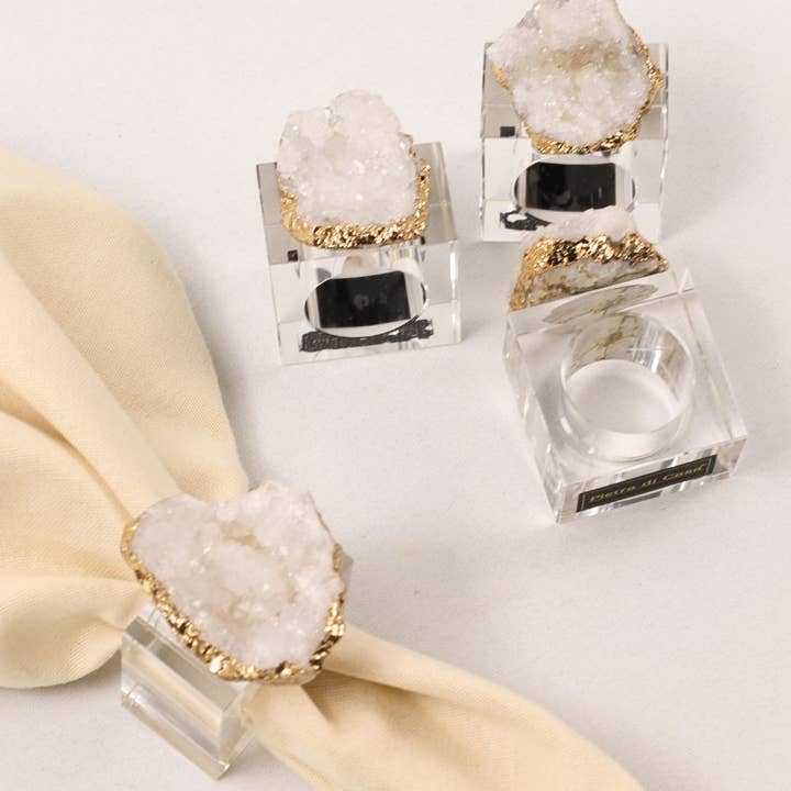 PIETRA DI CASA – Großhandel Serviettenringe – LOA Weißer Geode-Serviettenring, 4er-Set, Acryl, Golddetail1