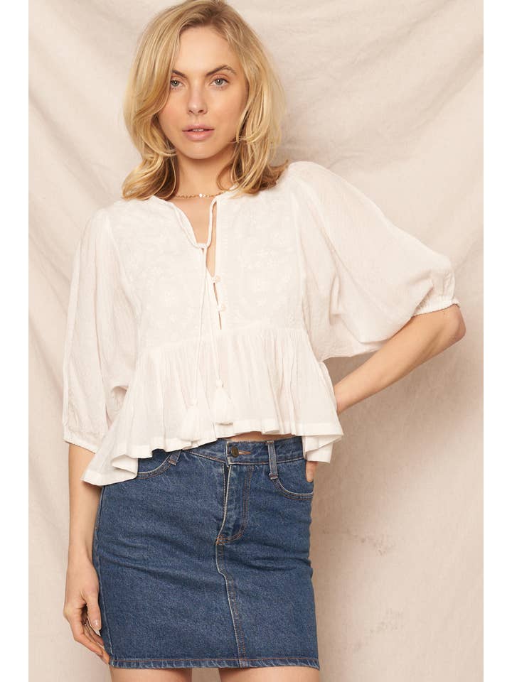 En Crème - Wholesale Blouse - Women's - Puff Sleeve Peplum Top with Embroidery Detail28